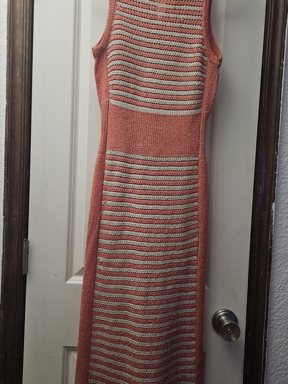 New York & Company Coral and Cream Striped Knit Maxi Dress